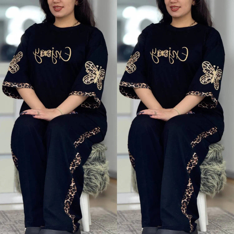 ست تیشرت و شلوار زنانه مدل گیلدا جنس پنبه گلکسی رنگ مشکی فری سایز 38 تا 46