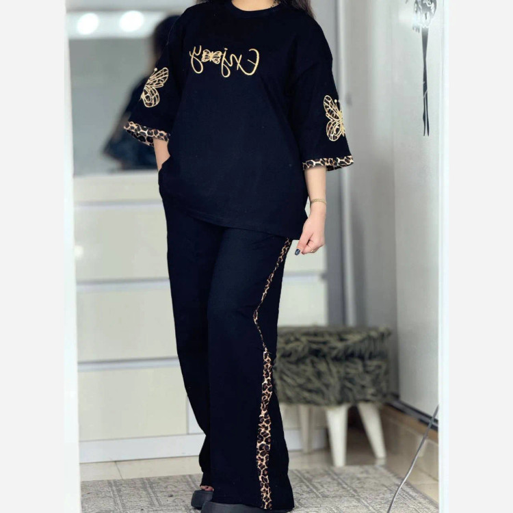ست تیشرت و شلوار زنانه مدل گیلدا جنس پنبه گلکسی رنگ مشکی فری سایز 38 تا 46