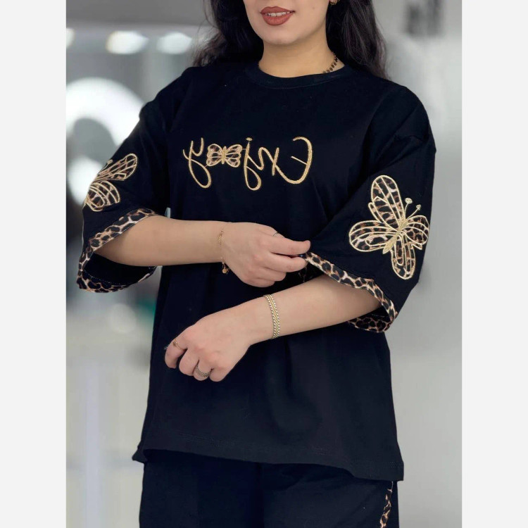 ست تیشرت و شلوار زنانه مدل گیلدا جنس پنبه گلکسی رنگ مشکی فری سایز 38 تا 46