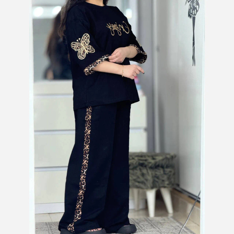 ست تیشرت و شلوار زنانه مدل گیلدا جنس پنبه گلکسی رنگ مشکی فری سایز 38 تا 46