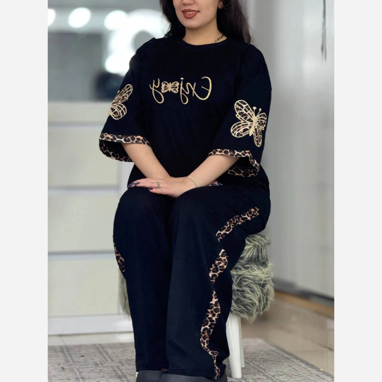 ست تیشرت و شلوار زنانه مدل گیلدا جنس پنبه گلکسی رنگ مشکی فری سایز 38 تا 46