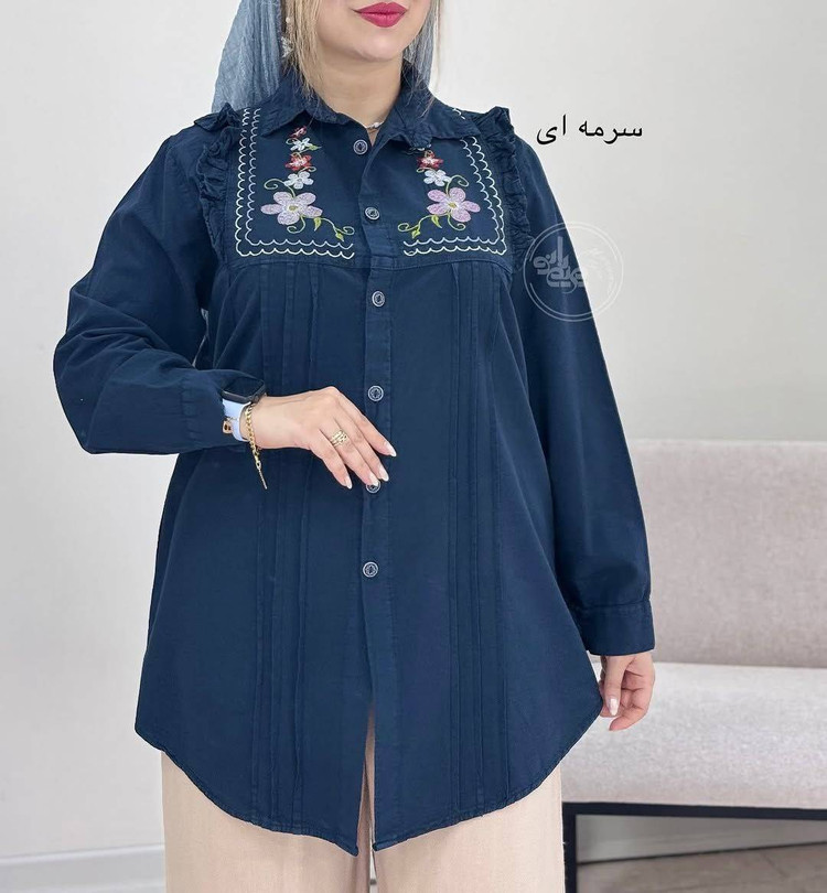شومیز کتان لنین گلدوزی شده مدل بانو فری سایز