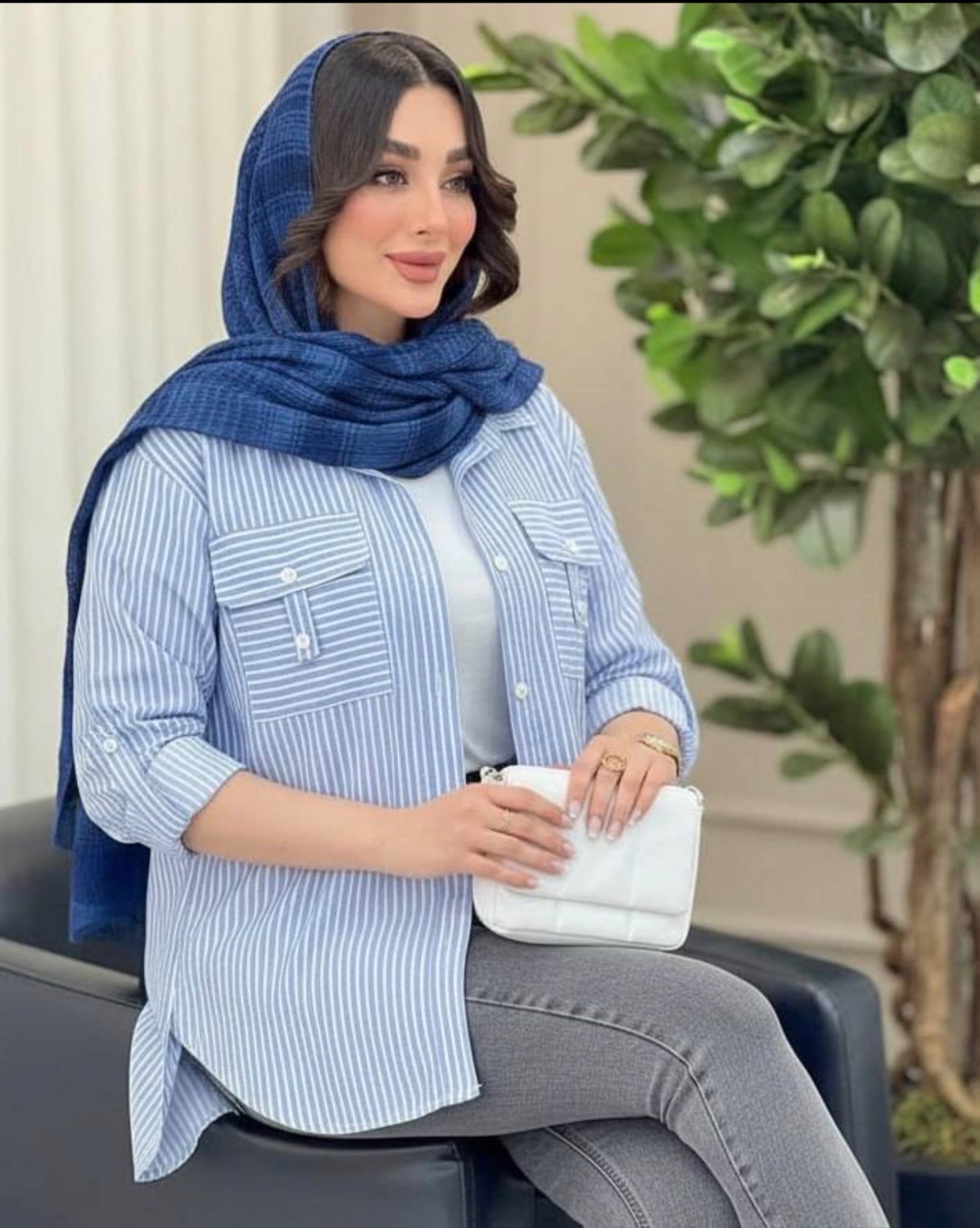 شومیز جیب صلیبی لنین ایرانی فری سایز آبی طوسی