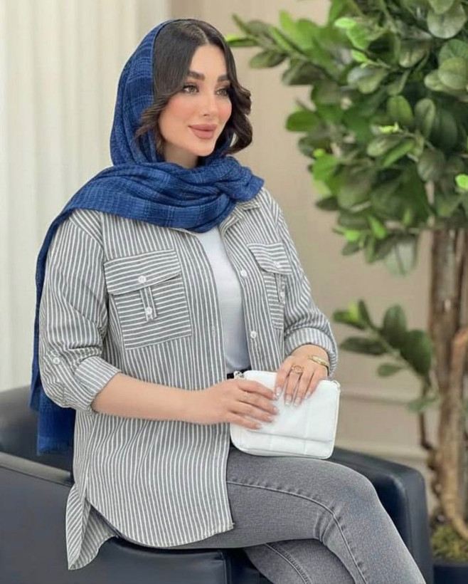 شومیز جیب صلیبی لنین ایرانی فری سایز آبی طوسی