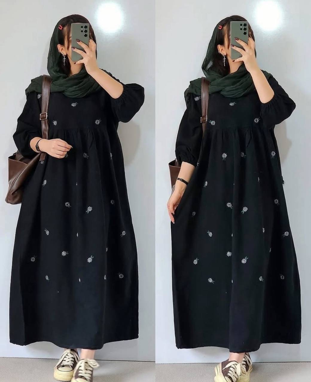ساحلی لنین گلدوزی شده مدل بابونه فری سایز رنگ مشکی و موکا