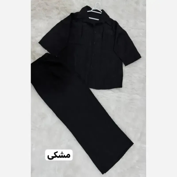 ست شومیز و شلوار زنانه طرح موج جنس شانتون کسمه ژاکارد فری سایز رنگ مشکی