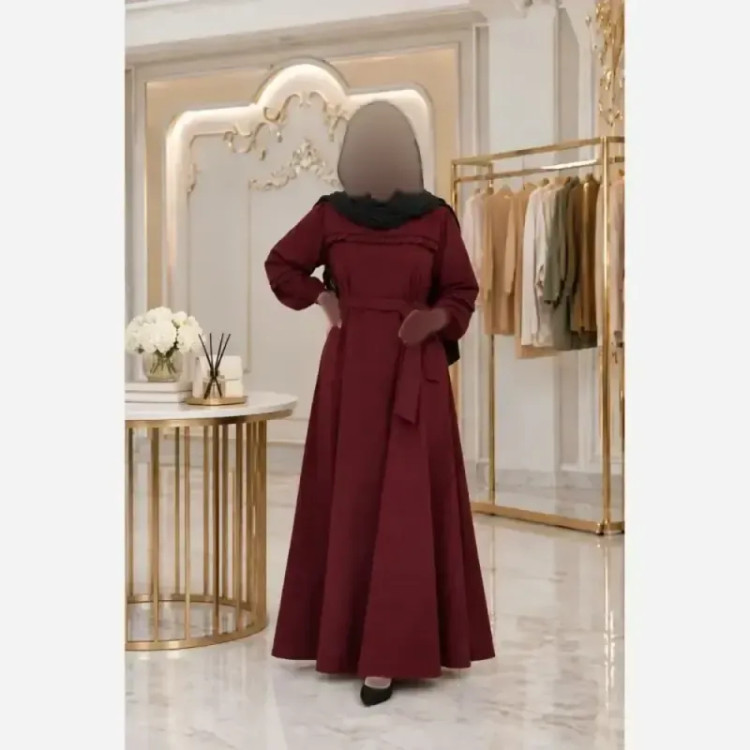 پیراهن بلند مخمل کبریتی ریز زنانه کمربنددار فری سایز